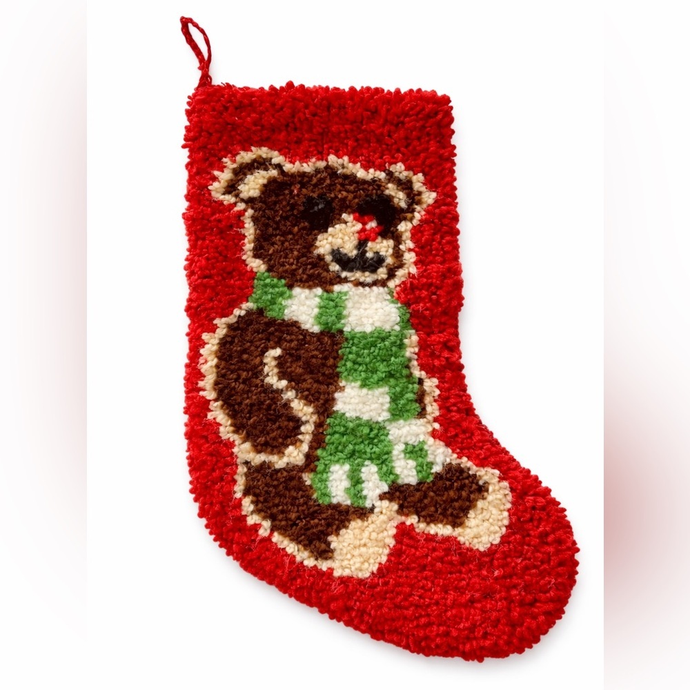 Vintage Teddy Bear Needlepoint Christmas Stocking 20” Red Handmade Holiday